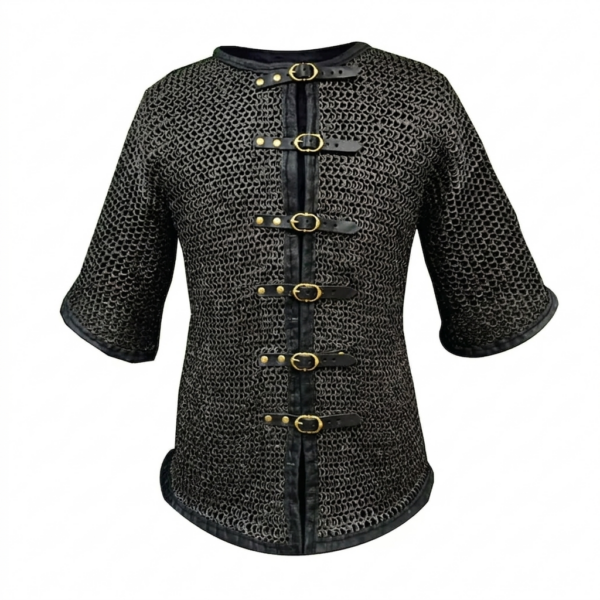 8 mm Blackened Riveted Chainmail Armor Shirt Leather Closure Mail Hauberk LARP
