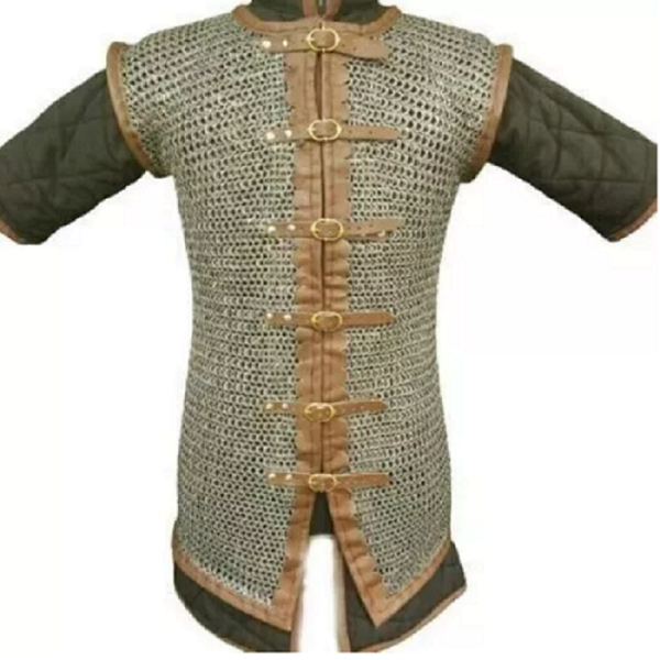 8 mm Chainmail Vest Flat Riveted Leather Closure Mail Armor Viking Shirt Jacket LARP